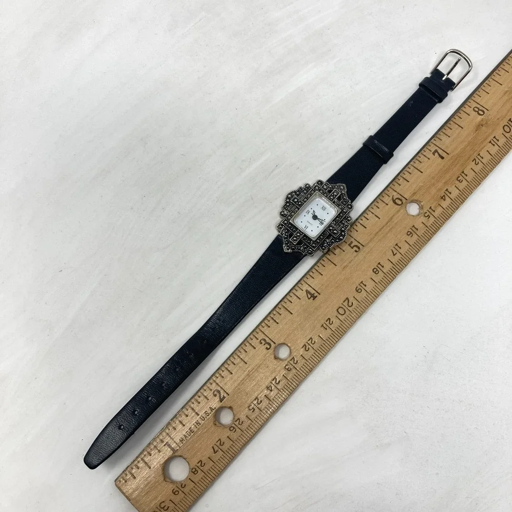 Vintage Avon Marcasite Tank Watch Women Silver Tone Black Leather New Battery 8